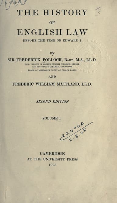 The history of English law before the time of Edward I cover